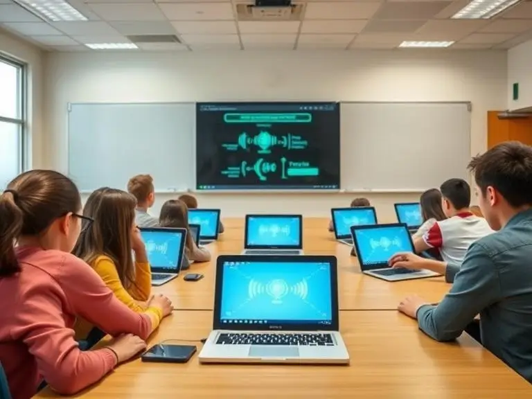 A digital classroom with AI-generated voiceovers playing for students across laptops and tablets, labeled “AI Voiceovers for E-Learning Modules”