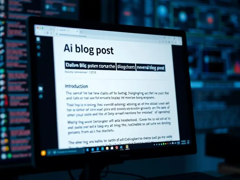 AI generating a structured blog post on the screen in real-time, showing headings, introduction, and keyword density metrics.