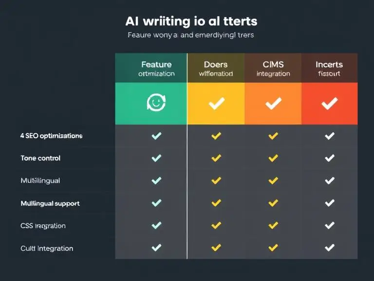 A feature comparison chart showing AI writing tools with checkmarks for SEO optimization, tone control, multilingual support, and CMS integration. Clean design, professional layout.