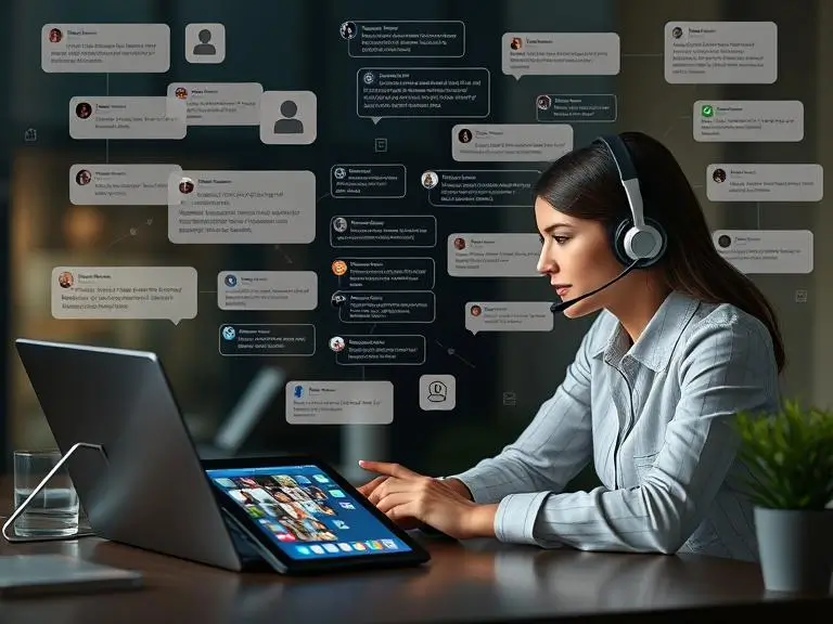 "Customer support representative assisting a user via live chat on a laptop, surrounded by online community forums and tutorial videos visible on a tablet screen."