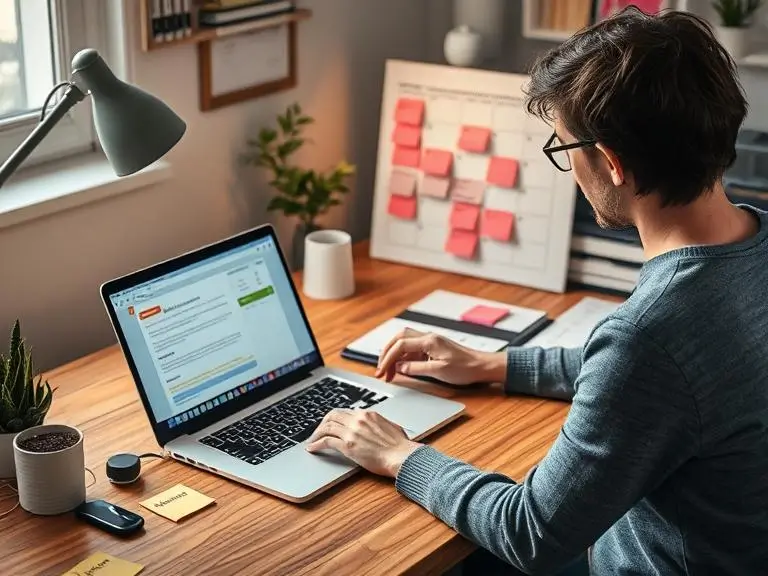 A workspace scene showing a freelancer using Zooli.ai on a laptop, a content calendar on the desk, and sticky notes labeled “SEO,” “Blog,” and “Newsletter.” Insert this image at the end of this section to visually convey ideal user scenarios.
