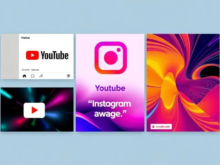 A carousel of AI-generated social media visuals: a YouTube thumbnail, an Instagram quote graphic, and a Facebook ad using vibrant abstract or stylized AI artwork.