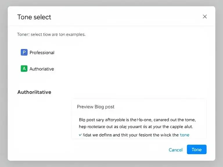 Visual of tone selection interface in Zooli.ai with examples like “Professional”, “Casual”, “Authoritative”, and a preview of a blog post adapting the selected tone.