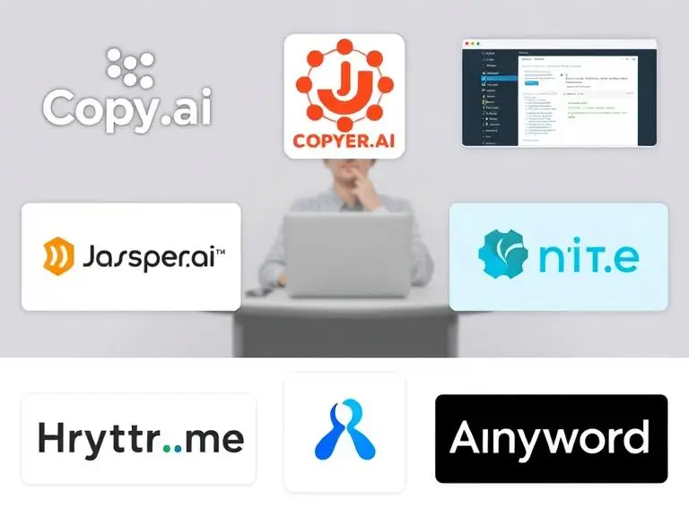 A collage showing logos and screenshots of popular AI content tools like Copy.ai, Jasper.ai, Writesonic, Rytr.me, and Anyword with a user comparing them side by side on a desktop.