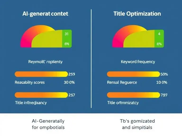 A side-by-side graphic showing AI-generated content with SEO metrics like readability score, keyword frequency, and title optimization.