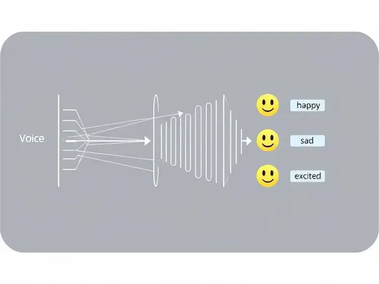 Visual diagram of an AI deep learning neural network converting text to realistic voice with emotion labels like ‘happy’, ‘sad’, ‘excited’