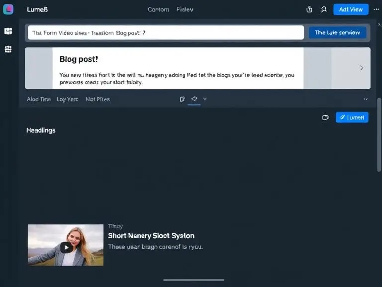 A Lumen5 interface showing a blog post being transformed into a short-form video with headlines, transitions, and background visuals.