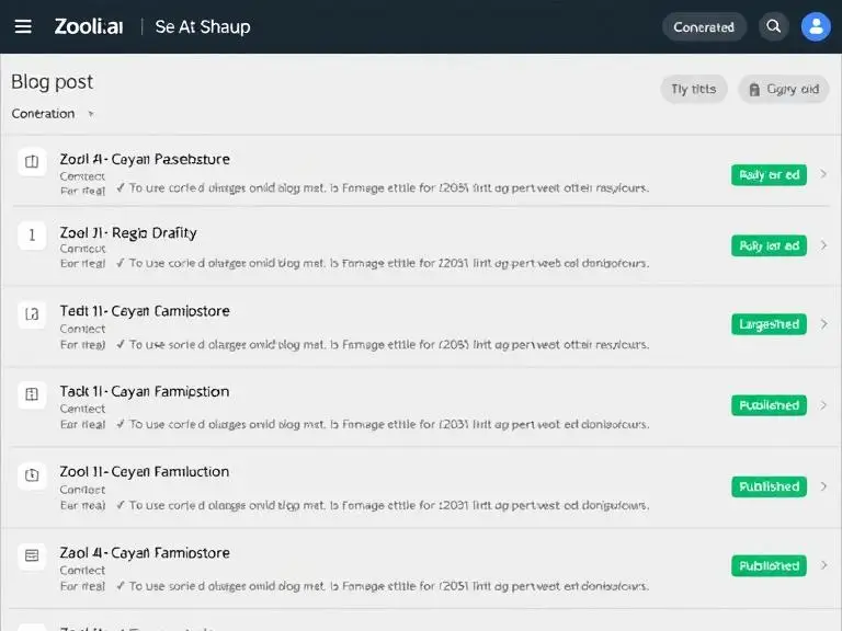A content dashboard showing multiple blog post titles generated by Zooli.ai with status indicators like “In Draft”, “Ready for Edit”, and “Published”, reflecting large-scale production workflow.