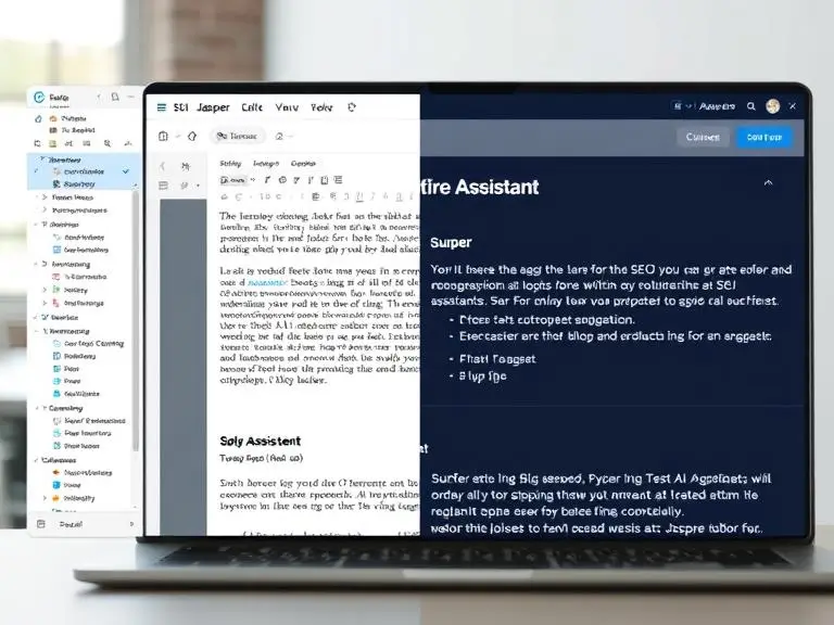 A split-screen view showing Jasper’s long-form editor on the left and Surfer SEO optimization suggestions on the right, both working together on a blog post titled “Best AI Writing Assistant.” Place this image under the Jasper AI section to demonstrate real-time SEO-powered writing.