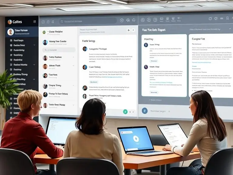 A team working in a shared digital workspace with different roles (editor, writer, marketer), showing chat bubbles, task lists, and document previews.