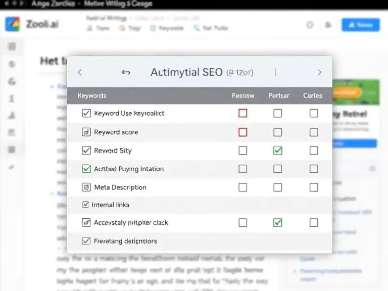 "SEO checklist overlay on a blog editor showing keyword use, readability score, meta description, internal links with AI blog writing tool interface in background labeled Zooli.ai"