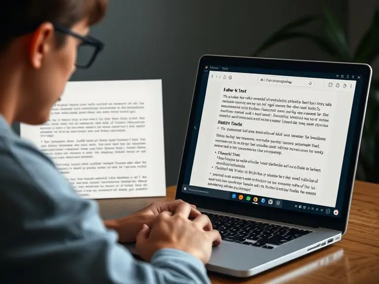 A digital writer working on a laptop with AI-powered text paraphrasing and summarizing tools open on screen, showing before and after text comparisons.