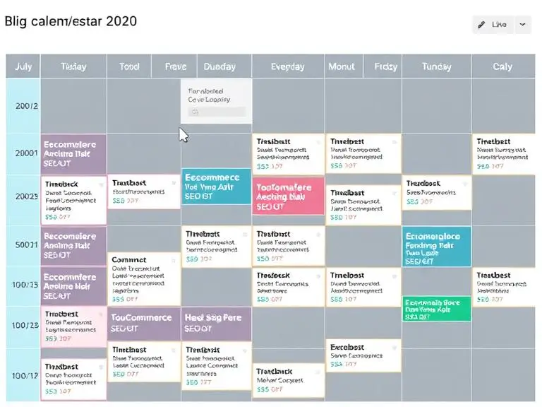 A visual of a monthly blog calendar view with colored post statuses and topic tags like “SEO”, “Ecommerce”, “How-To”, “Evergreen”.