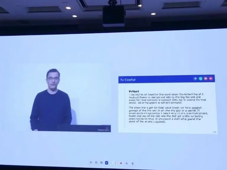 Prompt: “A virtual conference screen showing a speaker on one side and a live-transcribing text panel powered by Zooli.ai on the other.”