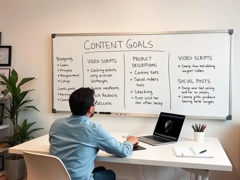A person sitting at a desk analyzing their content goals on a whiteboard: blogging, product descriptions, video scripts, and social posts — modern workspace with digital devices.