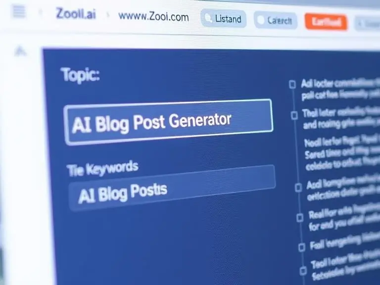A close-up of Zooli.ai’s input screen where a user is entering a blog topic and keywords like “AI Blog Post Generator”, with SEO suggestions appearing on the side.