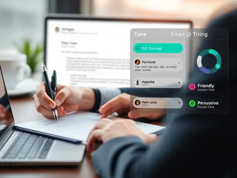 A professional drafting a formal email with the AI assistant giving tone suggestions (e.g., Formal, Friendly, Persuasive) on a dashboard.