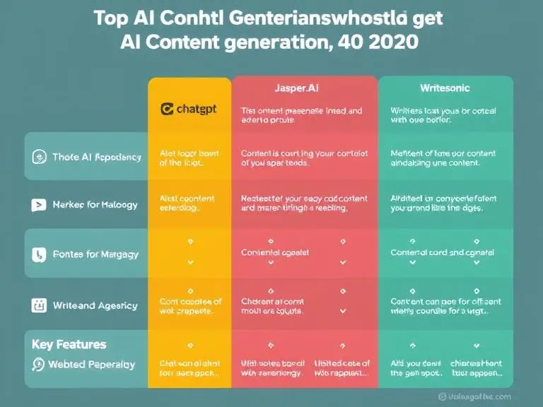 "A comparative infographic showing key features of top AI content generation tools like ChatGPT, Jasper.ai, and Writesonic, with clean icons and a professional style."
