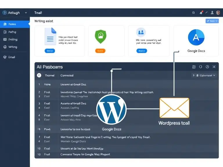 A digital dashboard showcasing an AI writing assistant connected to Google Docs, WordPress, and an email tool, with small icons indicating live integration status.
Place this image to demonstrate ease of workflow and tool connectivity.
