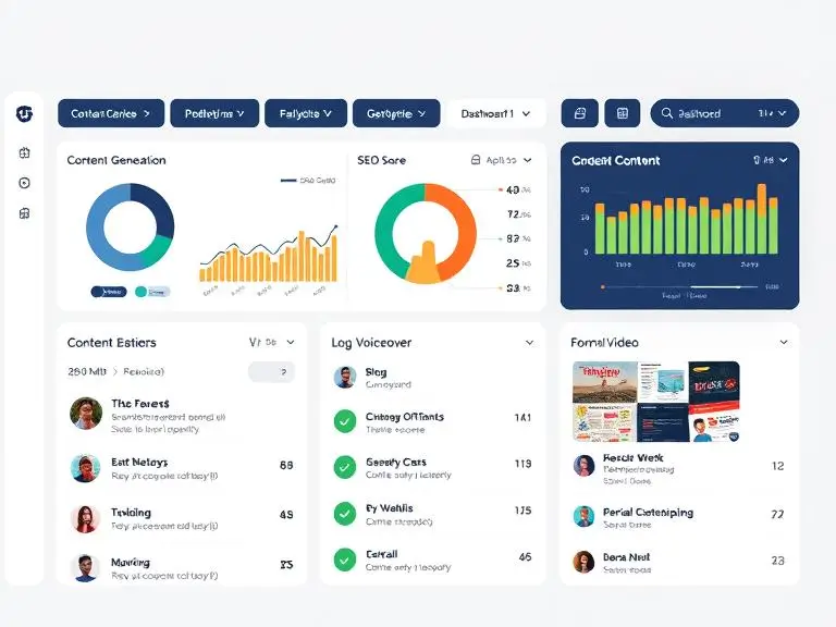 “Dashboard UI of an advanced AI content platform showcasing content generation, analytics, SEO score, and format options like blog, voiceover, and video.”