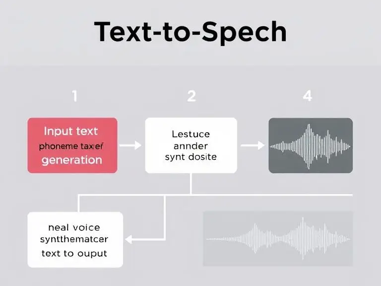 Infographic showing Text-to-Speech workflow with stages like input text, phoneme generation, neural voice synthesis, and audio output with waveform illustration