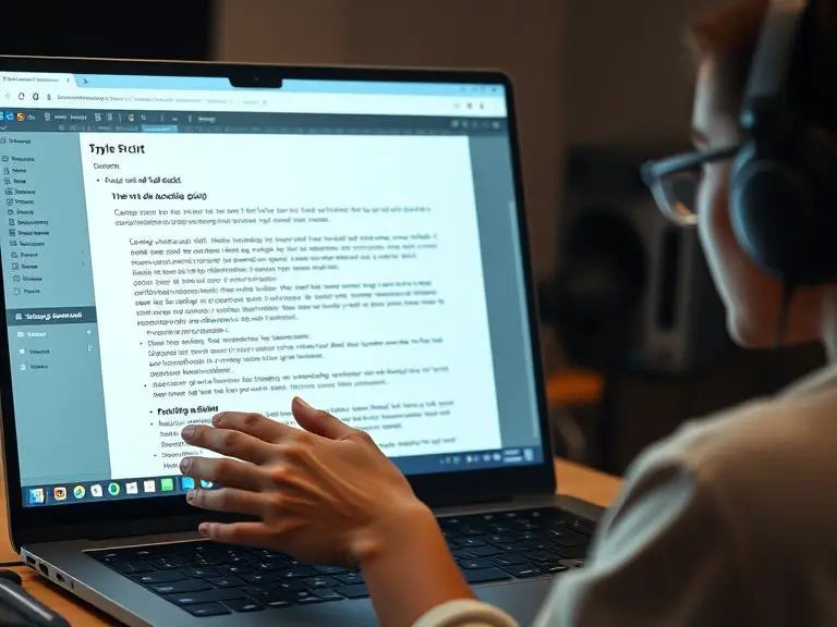 A content creator reviewing an AI-generated podcast script on a laptop, with audio editing software open in the background.