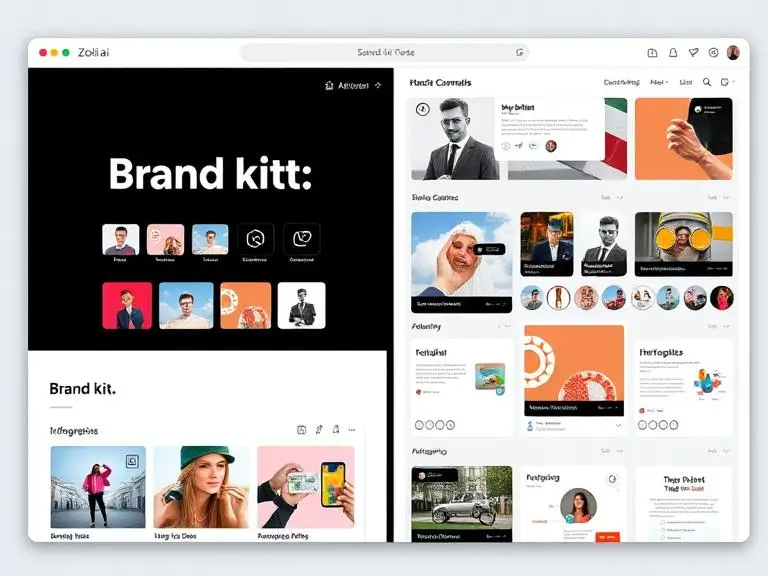 A modern Zooli.ai interface displaying a brand kit on the left and an AI-generated content preview dashboard on the right, showing Instagram carousels, YouTube thumbnails, and infographics.