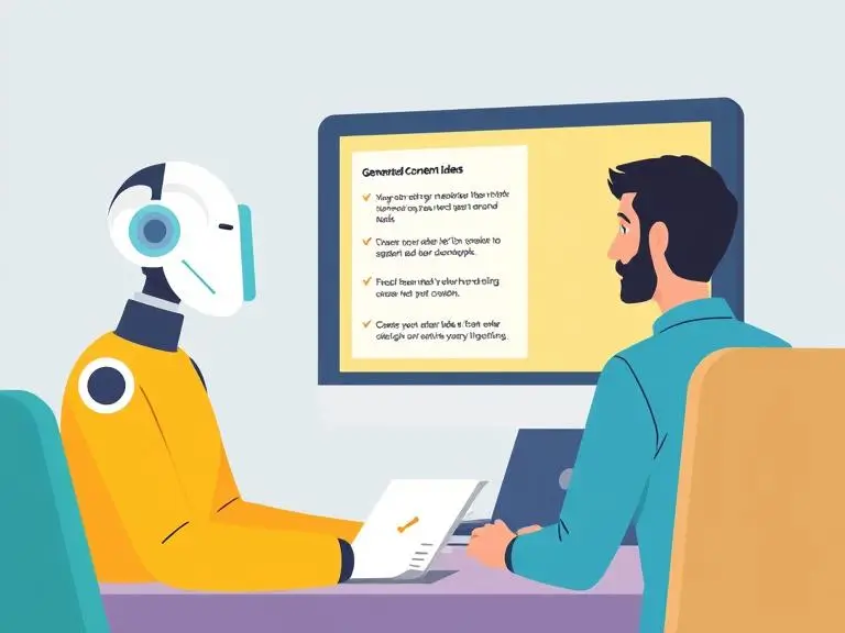 An illustration of a digital AI assistant interacting with a writer, displaying generated content ideas on a screen.