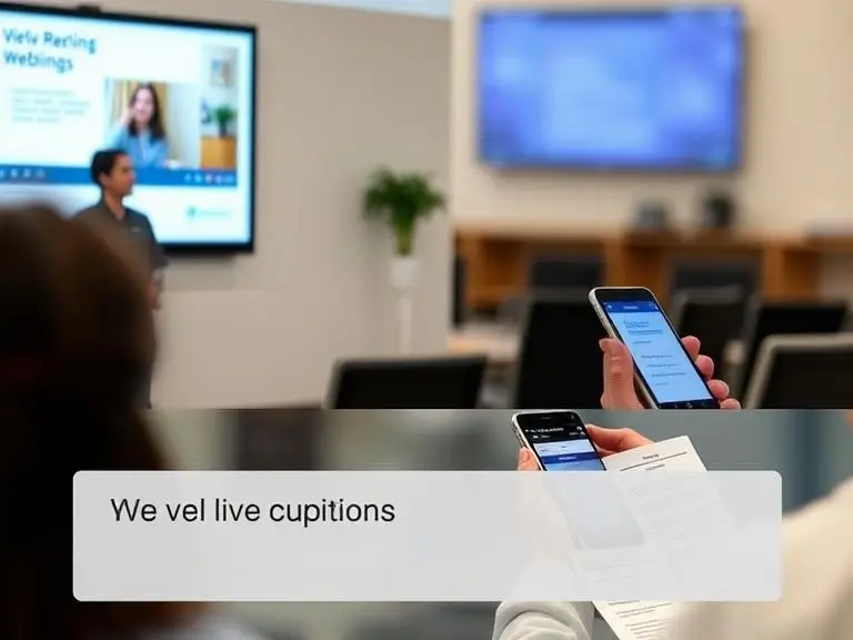 Prompt: “A split-screen showing a webinar in progress with live captions at the bottom and a participant reading transcript notes on a mobile device.”
