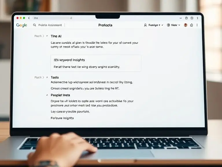 Prompt: A digital assistant interface on a laptop with AI-generated text suggestions and SEO keyword insights visible, user selecting options on screen, clean modern UI.